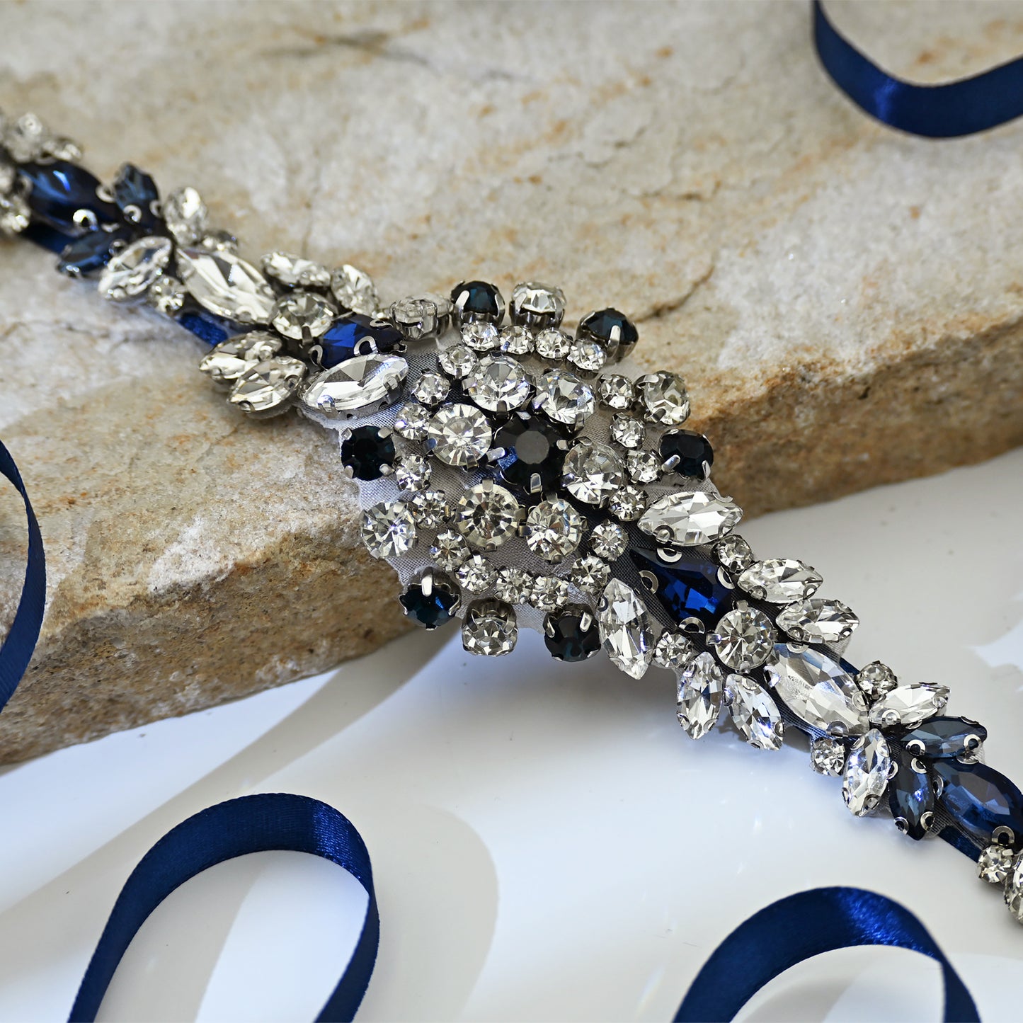 Blue Rhinestone Bridal Sash Wedding Dress Belt – Bridella BS124ML