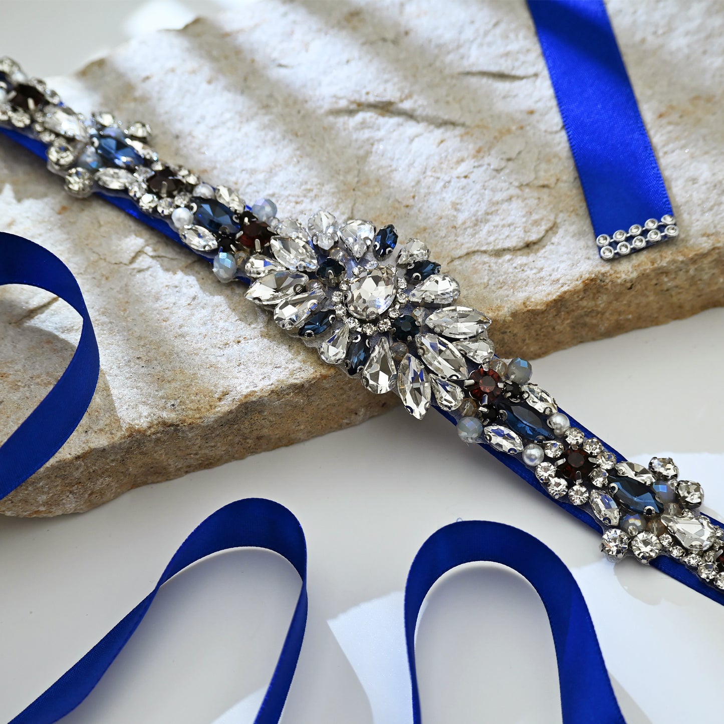 Blue Rhinestone Pearl Bridal Sash Wedding Dress Belt – Bridella BS125ML