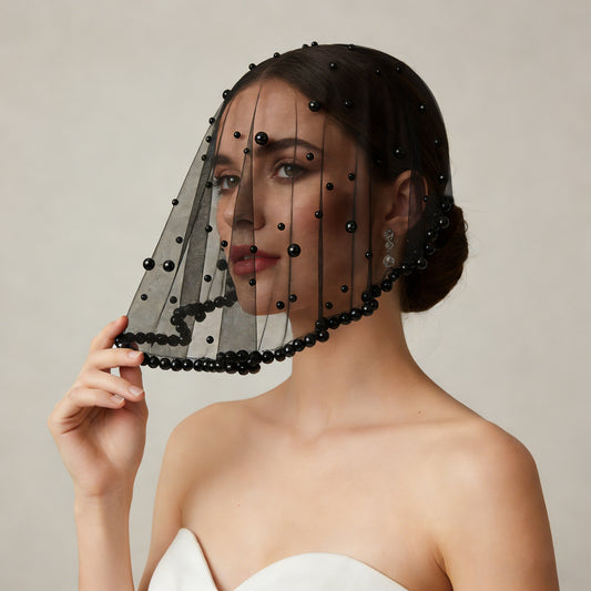 Pearl Beaded Blusher Veil Short Bridal Face Veil 50cm Wedding Bride Accessory - Bridella BVA10-B