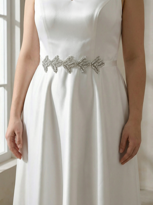 Crystal Leaf Silver Rhinestone Wedding Sash Forest & Garden Wedding Accessory - Bridella BS241