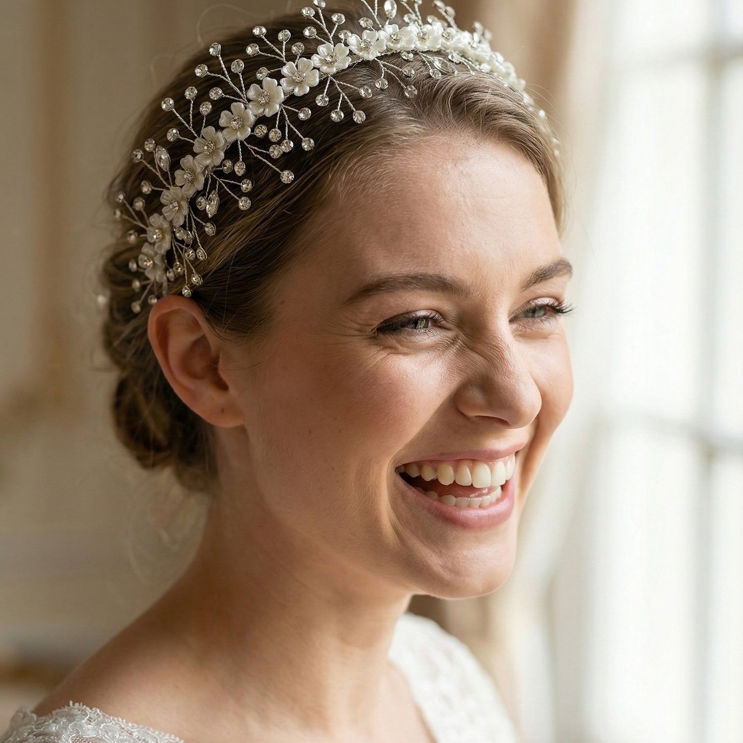 Bridella BHP543-S Silver Rhinestone & Flower Headband