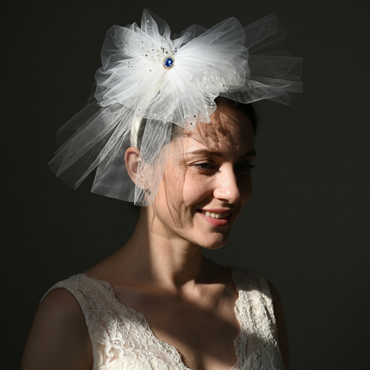 Floral Bridal Blusher Veil Two Layer Sequined Wedding Headband Hair Accessory - Bridella BMA04