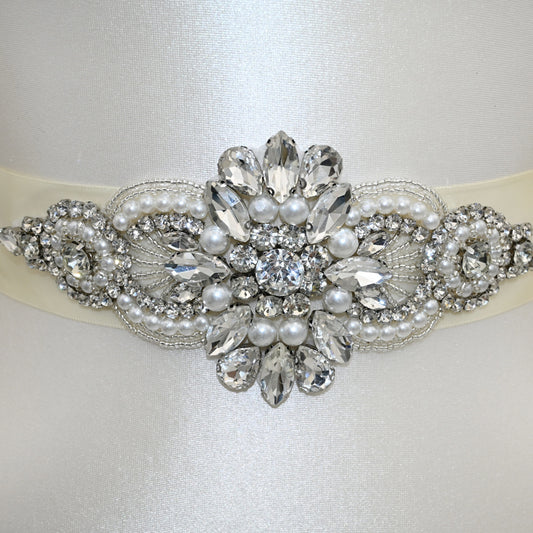 Bridella BS05B Ivory Rhinestone & Pearl Belt