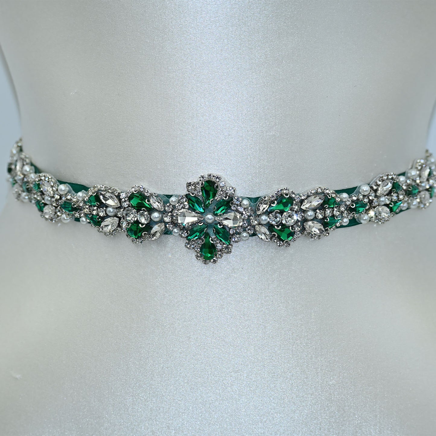 Bridella BS39KL Green Rhinestone & Pearl Belt