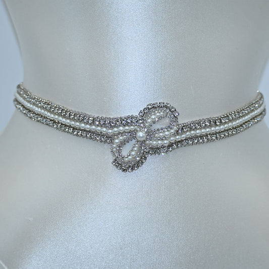 Bridella BS54 White Rhinestone & Pearl Belt
