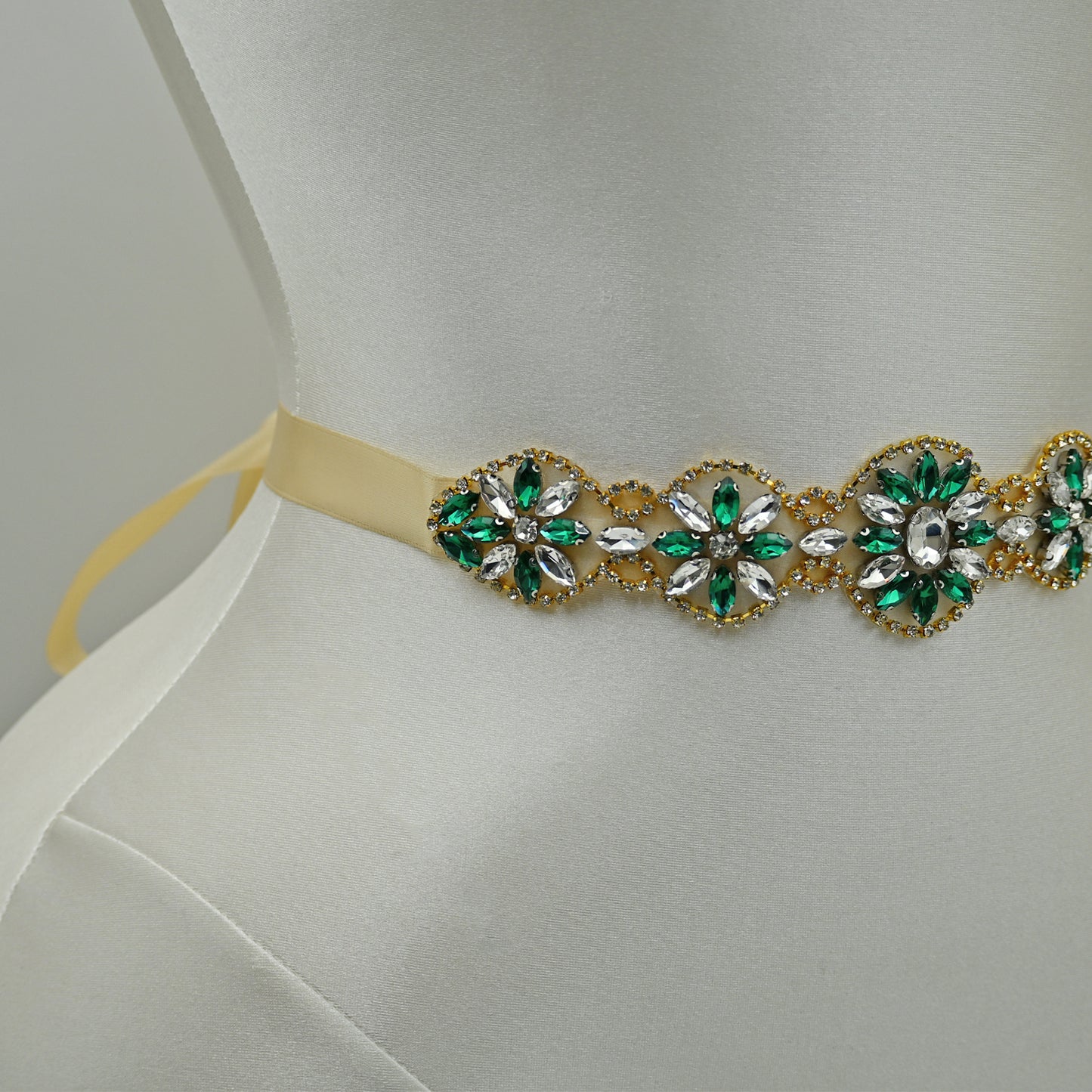 Bridella BS257- Champagne Ribbon Green Rhinestone Belt