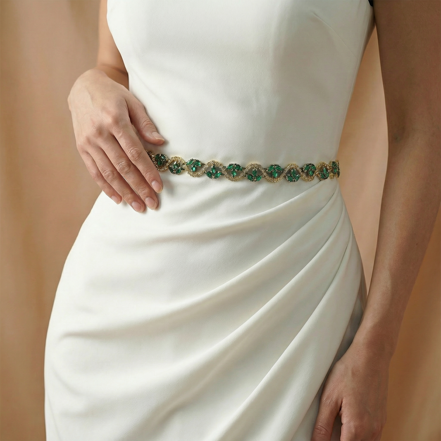 Rhinestone Ribbon Belt Wedding Prom Emerald Green Bridella BS203KL