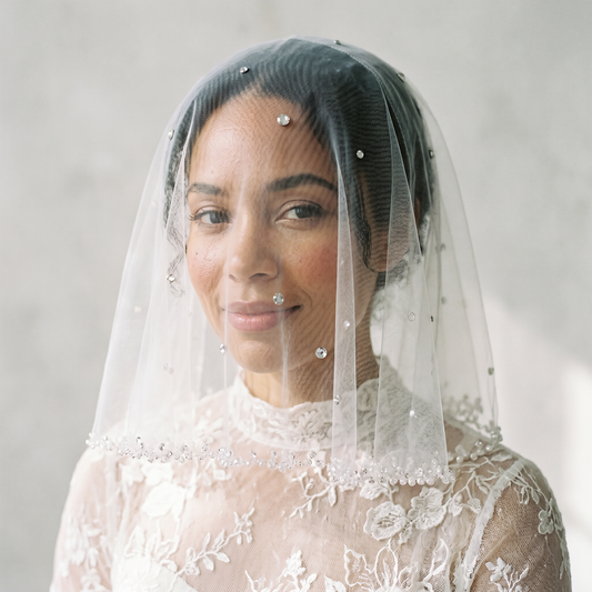 Ivory Crystal Beaded Bridal Blusher Veil Rhinestone Birdcage Wedding Veil - Bridella BMA10-I