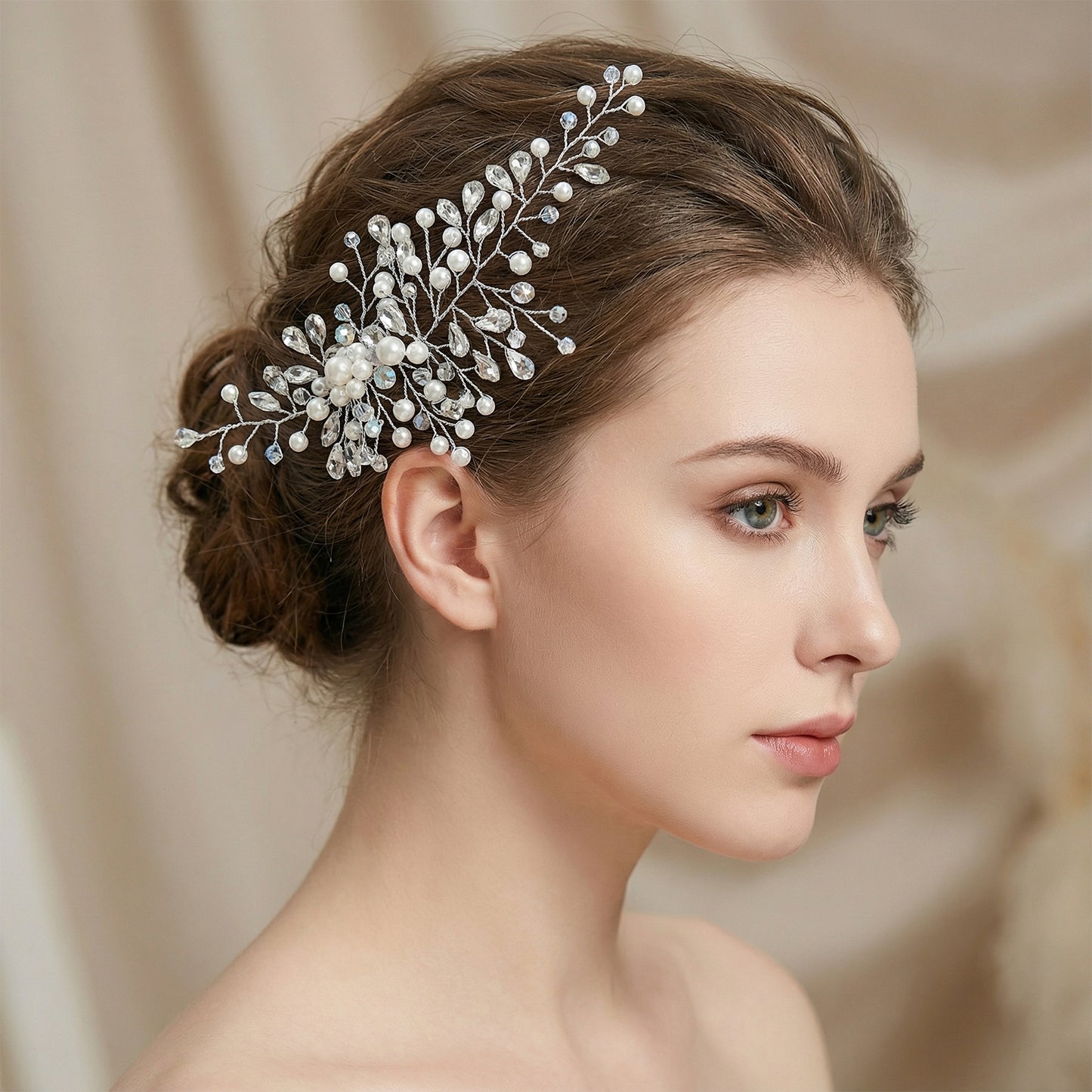 Bridella BHP84-S Silver Rhinestone & Pearl Headband