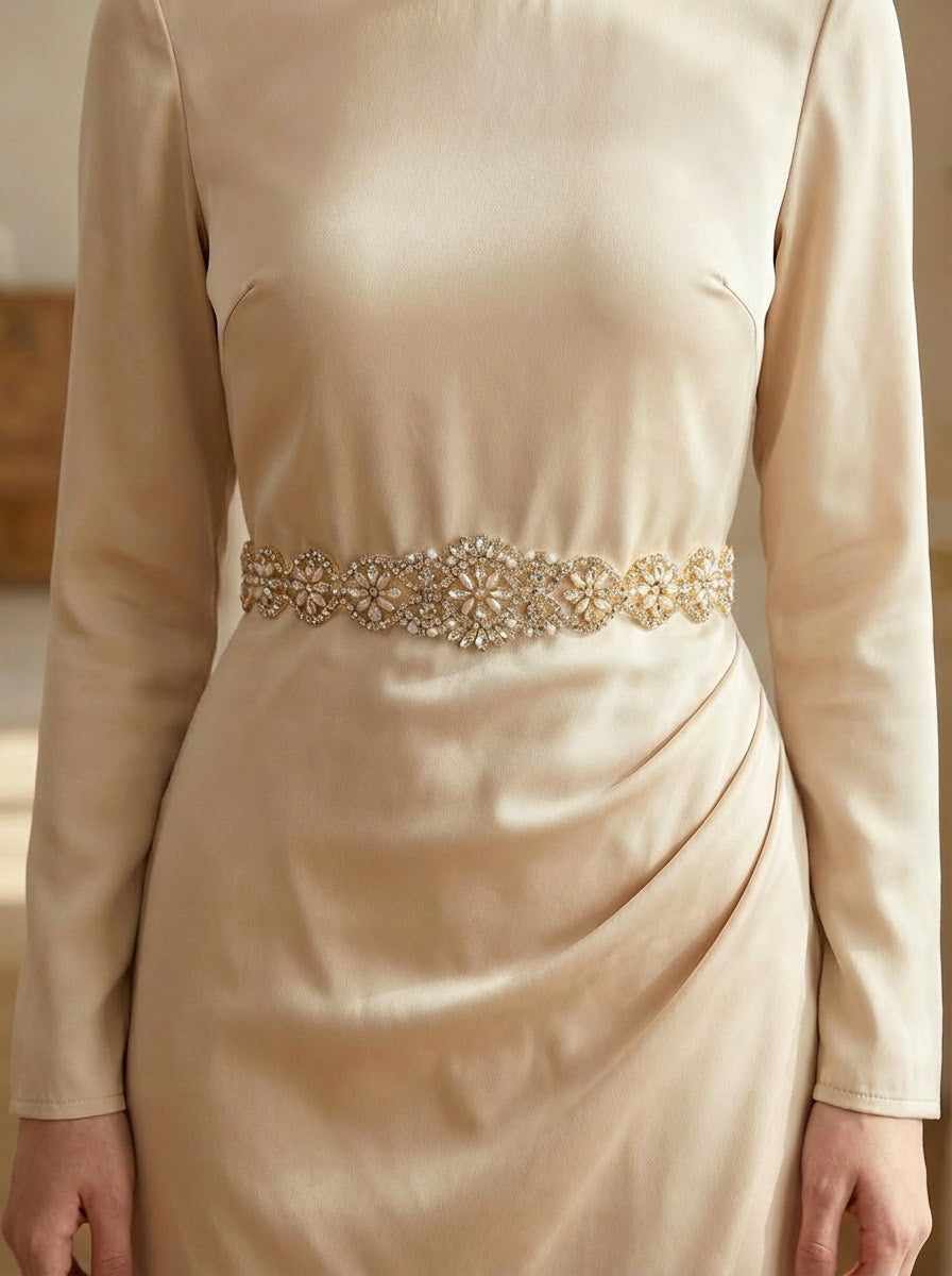 Champagne Rhinestone & Pearl Bridal Dress Belt for Wedding - Bridella BS161-G