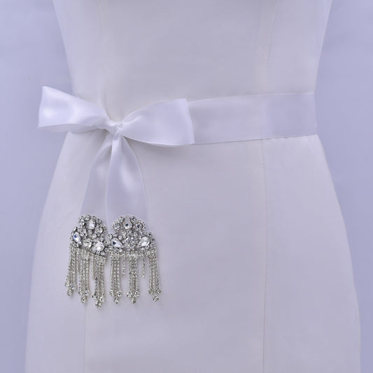 Daily Bridal Wedding Belt Silver Rhinestone Applique Sash for Women Gown Dress - Bridella S109