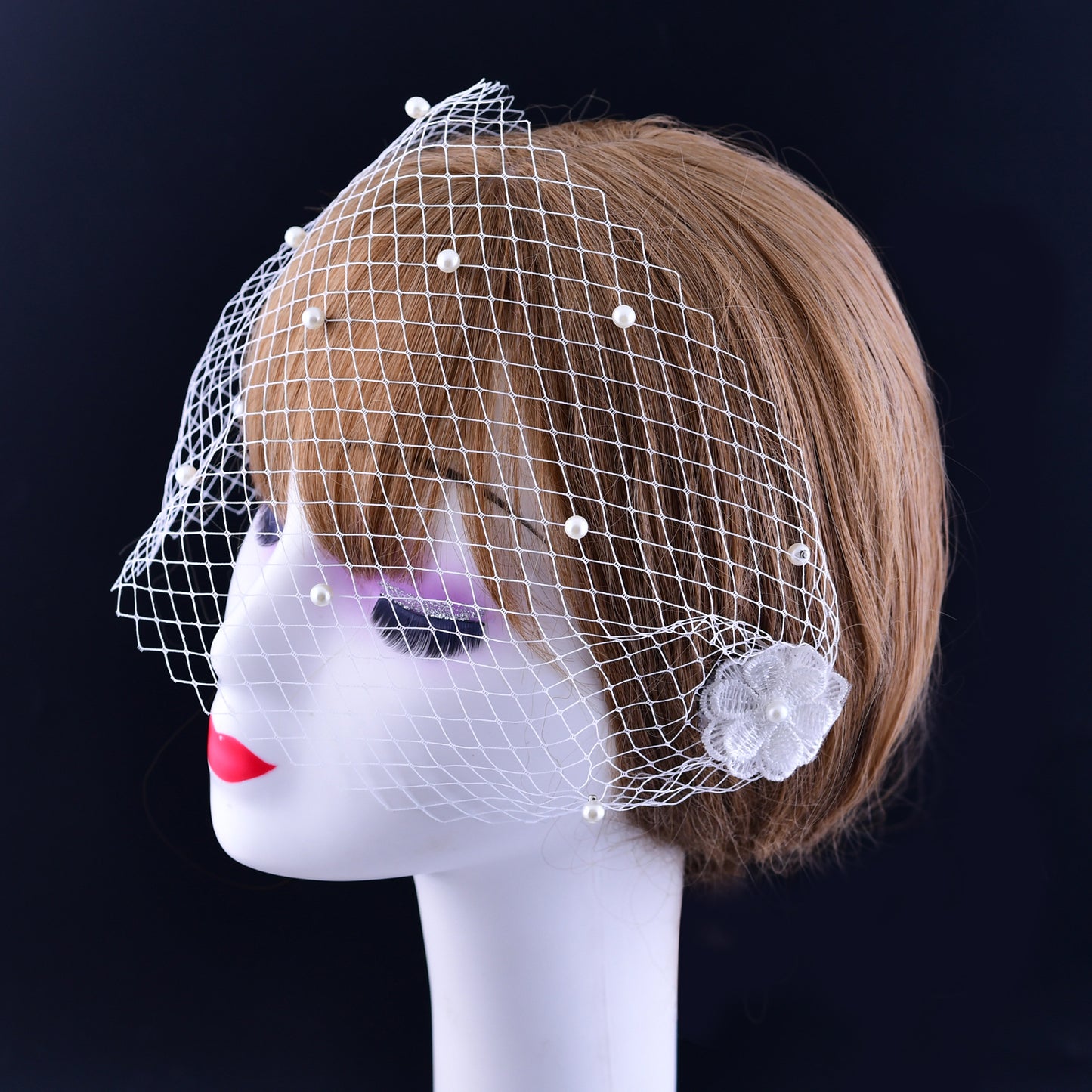 Pearl And Rhinestone Style Bridal Fishnet Veil Comb Style Women's Birdcage Veil Flower Blush Veil VA04-A