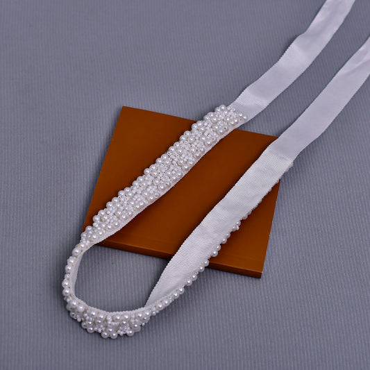 Pearl Beaded Bridal Belt, Ivory Wedding Sash with Satin Ribbon, Elegant Waist Belt for Wedding Dress - Bridella BS204