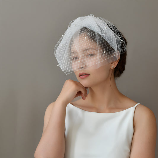 White Beaded Birdcage Bridal Veil Two Layer - Bridella BVA01