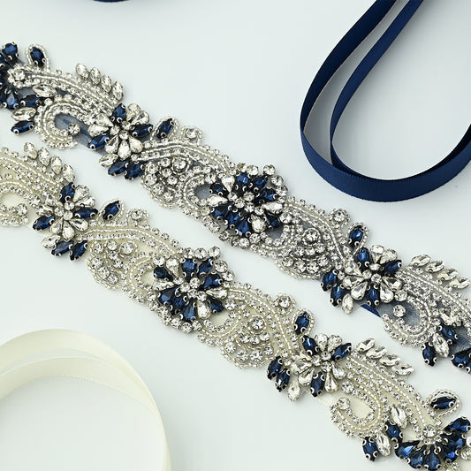 Navy Blue Rhinestone Bridal Sash Wedding Dress Belt – Bridella BS106ML