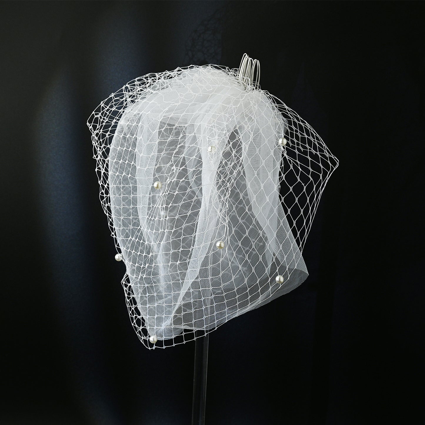 White Beaded Birdcage Bridal Veil Two Layer - Bridella BVA01