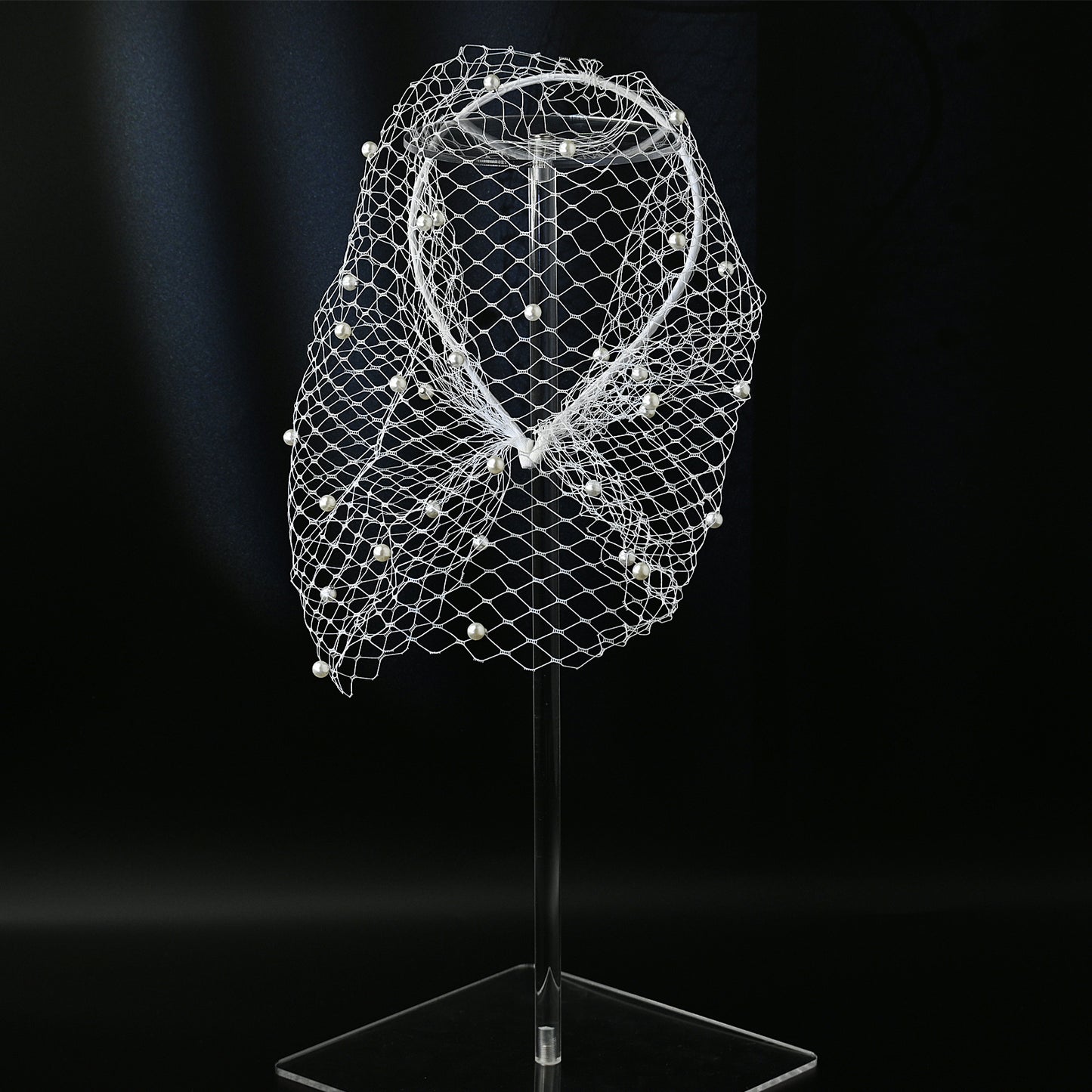 white White Pearl & Mesh Birdcage Veil - Bridella BVA08-W