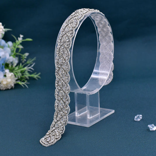 Silver Crystal Bridal Belt Applique Ribbon Sash - Bridella BS216