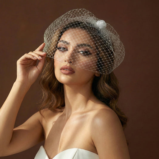 Birdcage Bridal Veil Ribbon Flower Headband Blusher Face Veil White - Bridella BVA02