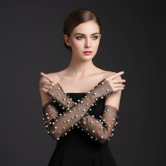 Elegant Pearl Bridal Gloves Fingerless Elbow Gloves - Bridella BMM46