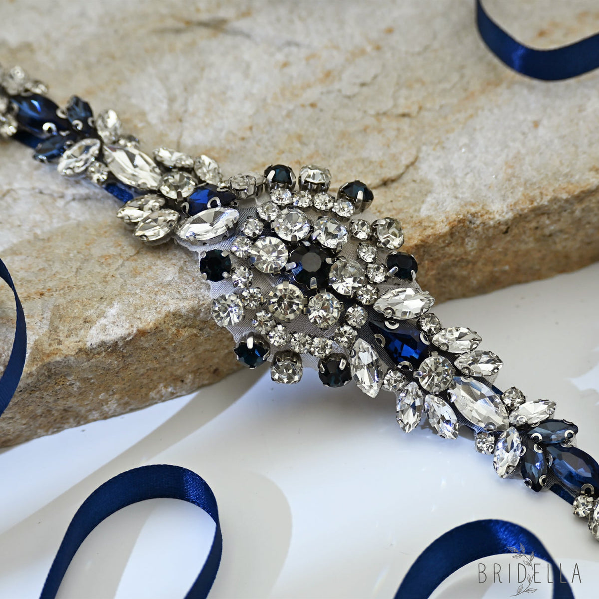 Blue Rhinestone Bridal Sash Wedding Dress Belt – Bridella BS124ML - ink blue - Belts