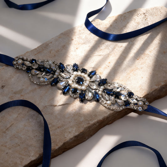 Bridella BS188ML Navy Rhinestone & Pearl Belt