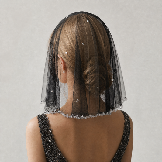 Black Crystal Beaded Bridal Blusher Veil Rhinestone Birdcage Wedding Veil - Bridella BMA10-B
