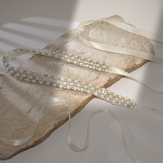 Bridella BS134 Off White Rhinestone & Pearl Belt