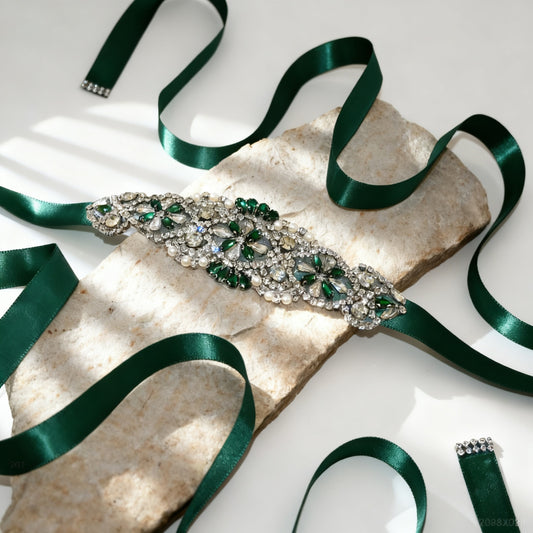 Bridella BS104KL Green Rhinestone & Pearl Belt