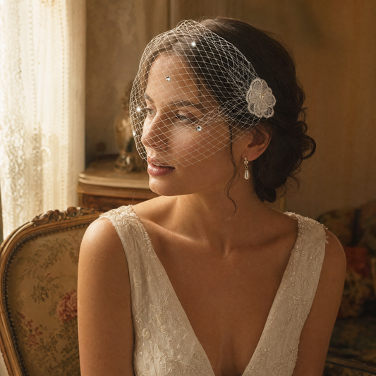 Rhinestone Bridal Birdcage Veil Fishnet Wedding Veil Comb Vintage Bridal Hair Accessory - Bridella VA04-B