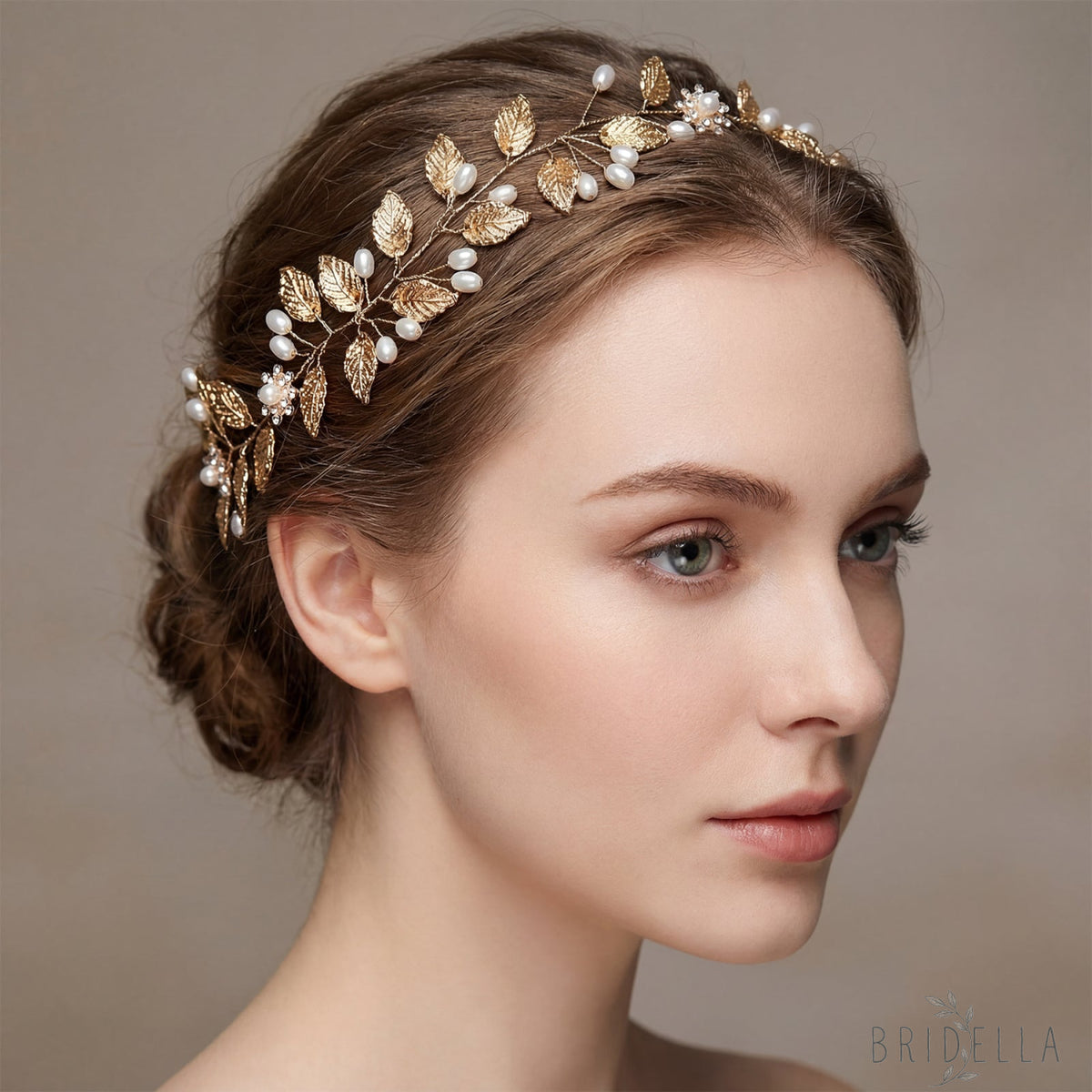 Gold Pearl & Alloy Leaf Bridal Headband - Bridella BHP110 - Golden - HEADWEAR