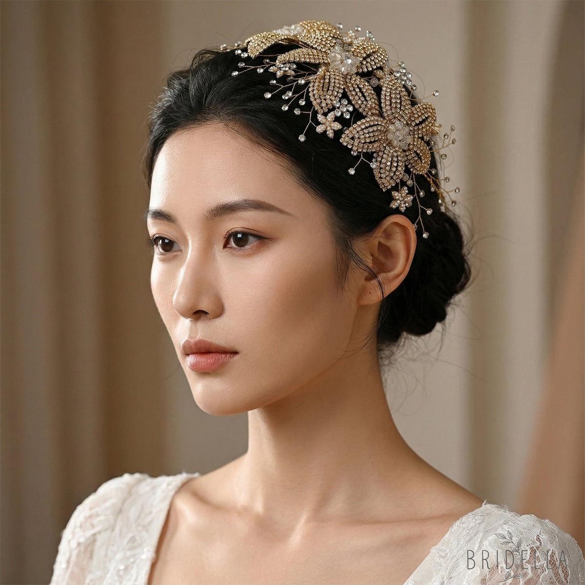 Gold Rhinestone & Crystal Floral Bridal Tiara - Bridella BHP252-G - Golden - HEADWEAR