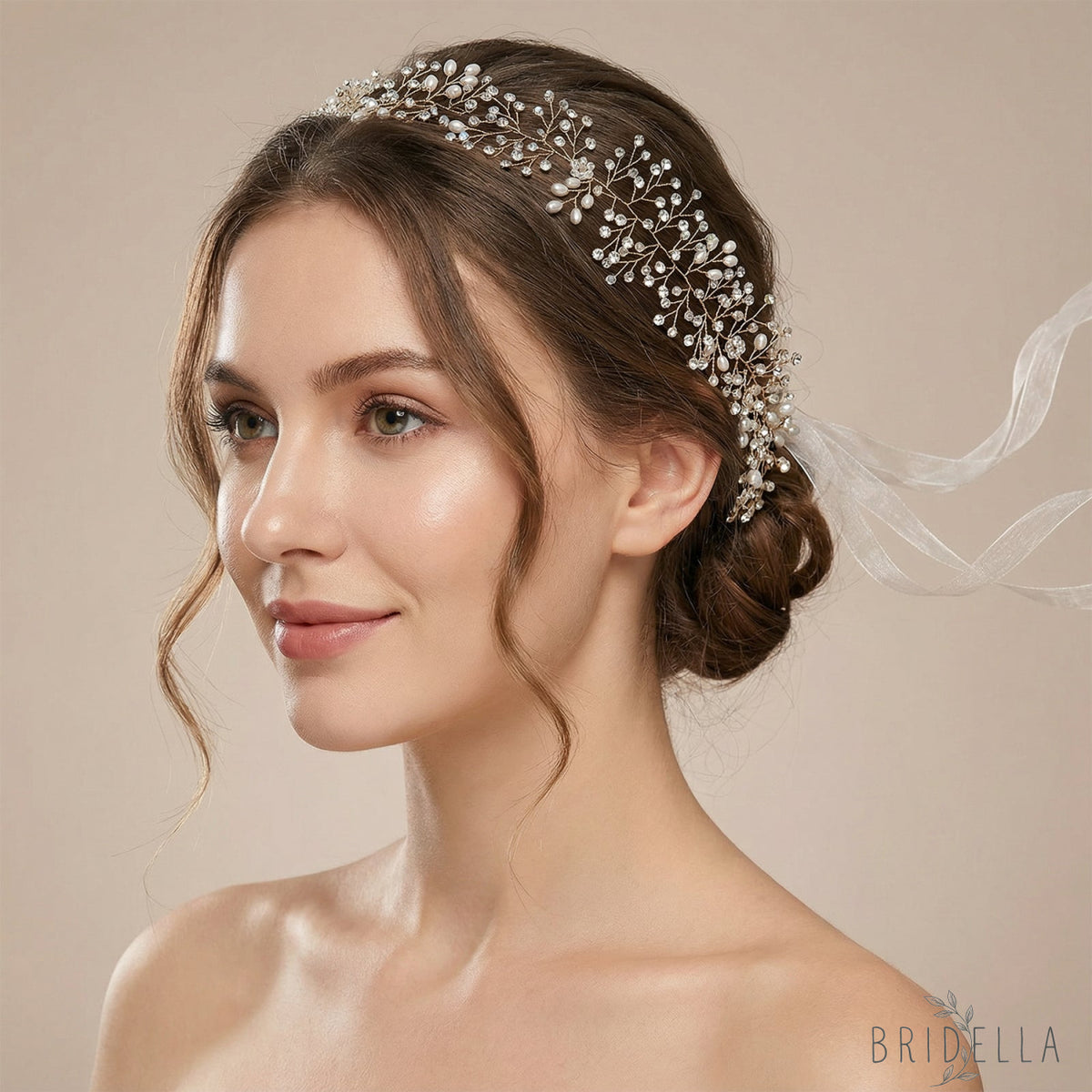 Gold Rhinestone & Pearl Vine Bridal Tiara - Bridella BHP10-G - Gold