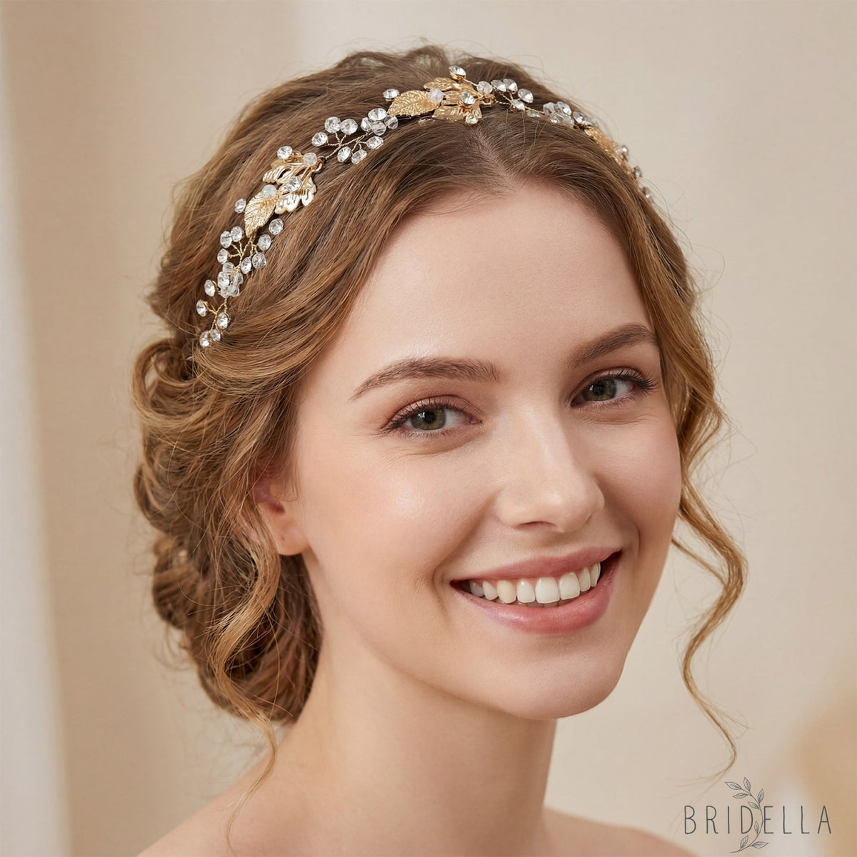 Gold Rhinestone Slim Bridal Headband - Bridella BHP122-G - Golden - HEADWEAR