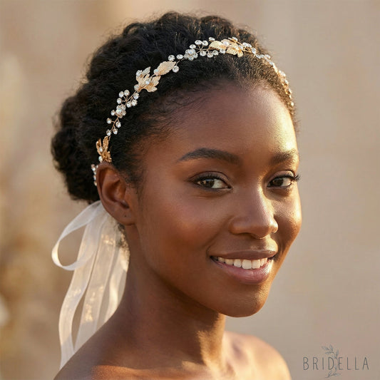 Gold Rhinestone Slim Bridal Headband - Bridella BHP122-G - Golden - HEADWEAR