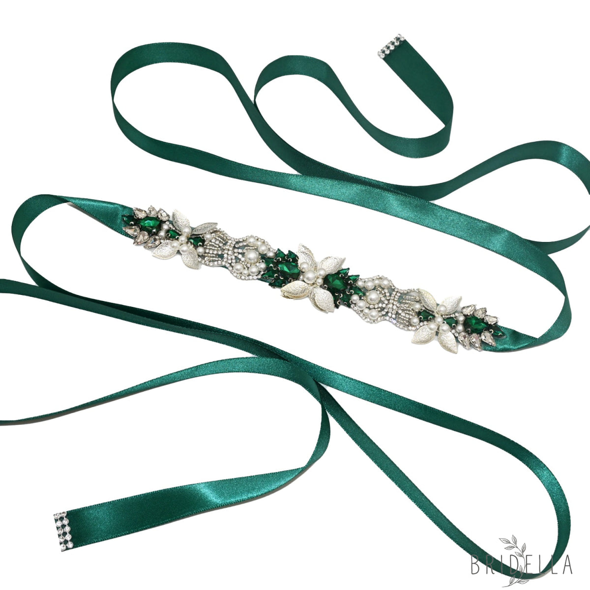 Green Rhinestone Bridal Belt Wedding Sash - Green Ribbon - Blets