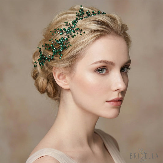 Green Rhinestone & Crystal Bridal Headband for Wedding - Bridella BHP65-KL - Emerald