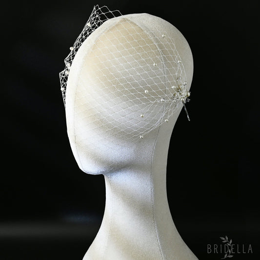 Ivory Pearl Mesh Bridal Headband Wedding Hairpiece - Bridella BMA08 - face veil
