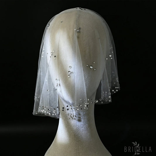 Ivory Rhinestone Mesh Bridal Face Veil Blusher Veil - Bridella BMA14-W - face veil