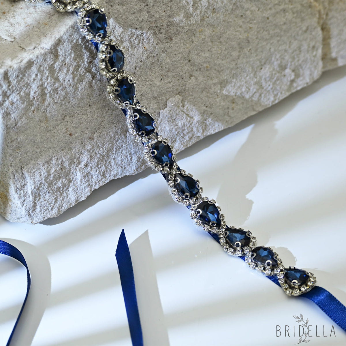 Navy Blue Rhinestone Bridal Belt Adjustable Waist Sash Bridella BS190ML - Navy - Belts