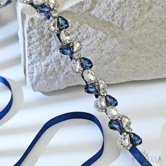 Navy Blue Rhinestone Bridal Belt Adjustable Waist Sash Bridella BS212ML - Navy - Belts