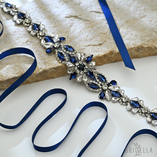 Navy Blue Rhinestone Bridal Sash Wedding Dress Belt – Bridella BS167ML - Navy - Belts