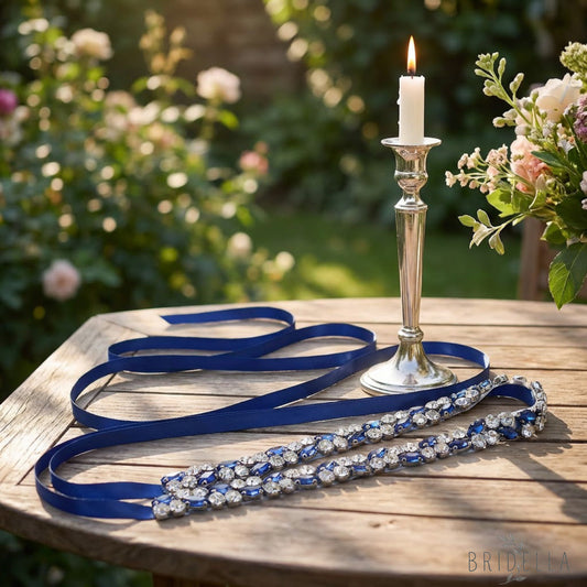 Navy Rhinestone Bridal Belt Wedding Sash - Navy Blue RIbbon - Blets