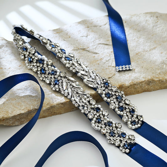 Navy Rhinestone Pearl Bridal Belt Wedding Sash - Bridella BS100ML