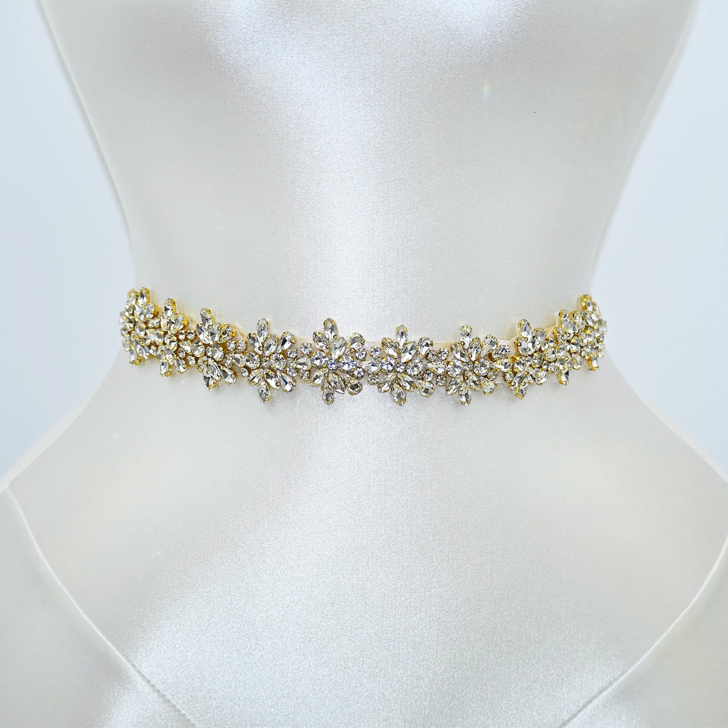 Champagne Gold Rhinestone Bridal Sash Ribbon Wedding Dress Belt – Bridella BS269G-D