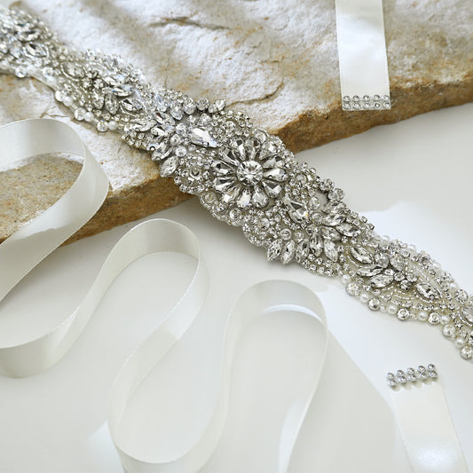 Silver Rhinestone Pearl Bridal Sash Wedding Dress Belt – Bridella BS119