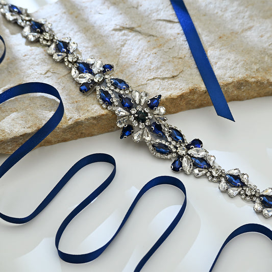 Navy Blue Rhinestone Bridal Sash Wedding Dress Belt – Bridella BS167ML