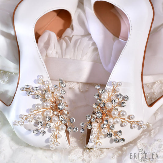 Pearl Gold Bridal Shoe Clips Wedding Heel Decoration - Bridella BHX61 - Gold