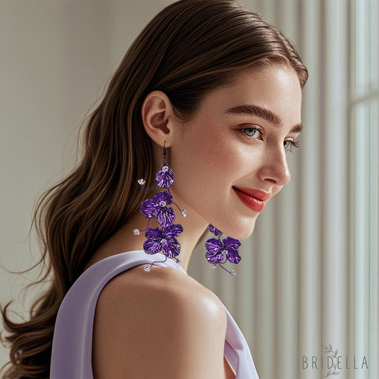 Purple Flower Crystal Drop Earrings Fairy Style Jewelry - Bridella BYXB11 - Purple