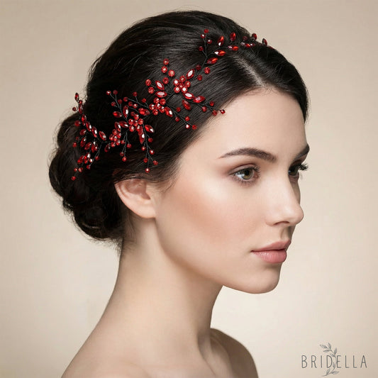 Red Rhinestone & Crystal Bridal Headband for Wedding - Bridella BHP65-R - Red